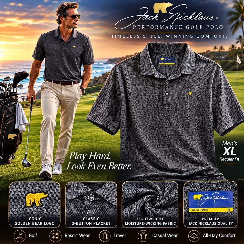 Jack Nicklaus XL Gray Performance Golf Polo Shirt Yellow Bear Logo Mens XL